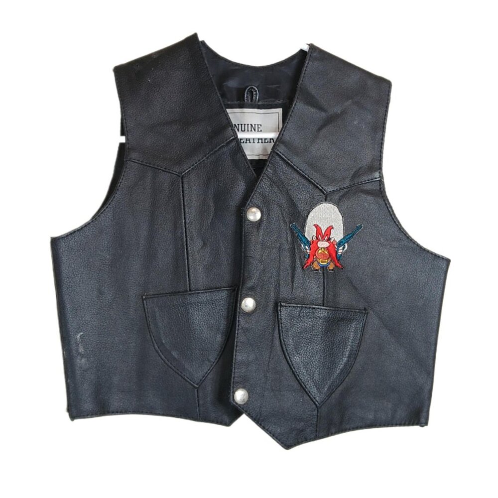 Genuine Leather Vest Boys 3XL Black Western Yosemite Sam Embroidered Vtg 80s 90s